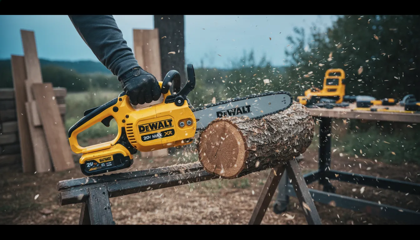 DeWalt 20V Max XR 12-inch cordless chainsaw featuring brushless motor and 20V battery platform