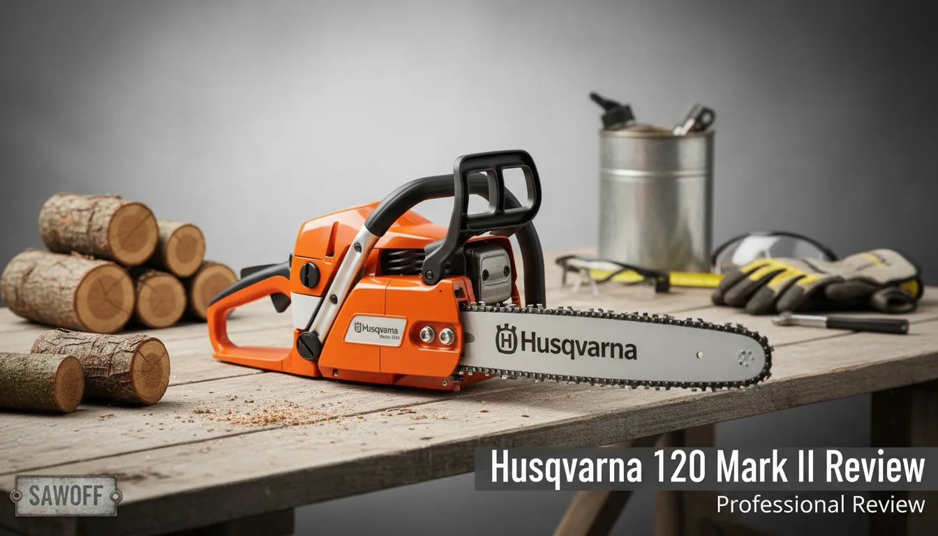 Husqvarna 120 Mark II gas chainsaw featuring 38.2cc X-Torq engine and Air Injection system